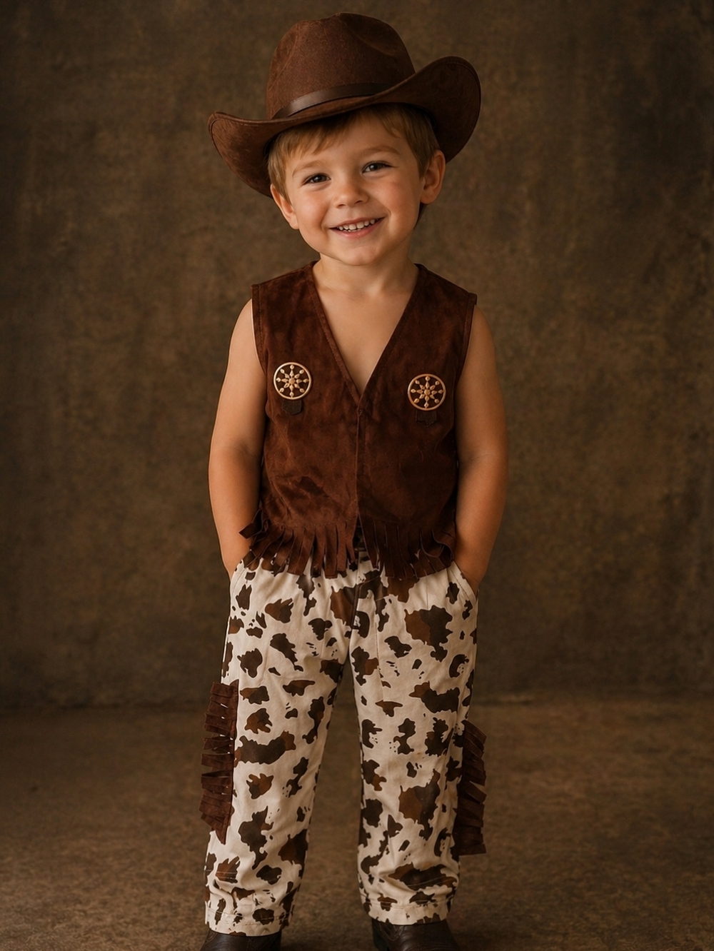 Kids Cowboy Costume Set - Brown Vest & White Cow Print Pants